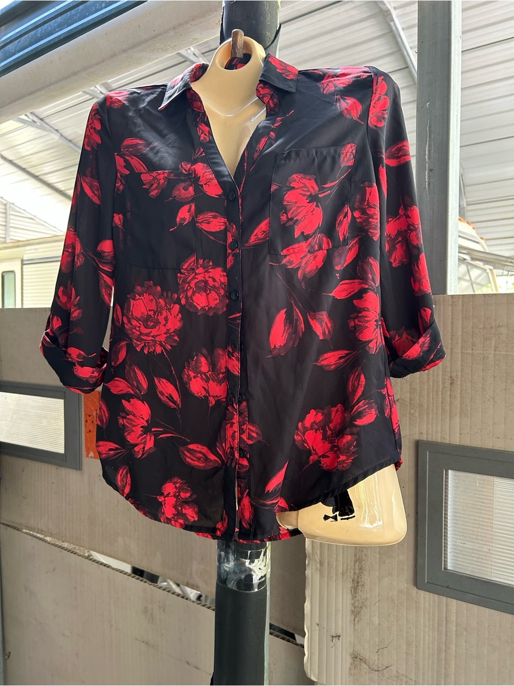 A. Byer Black Button-Down Shirt with Red Floral Print